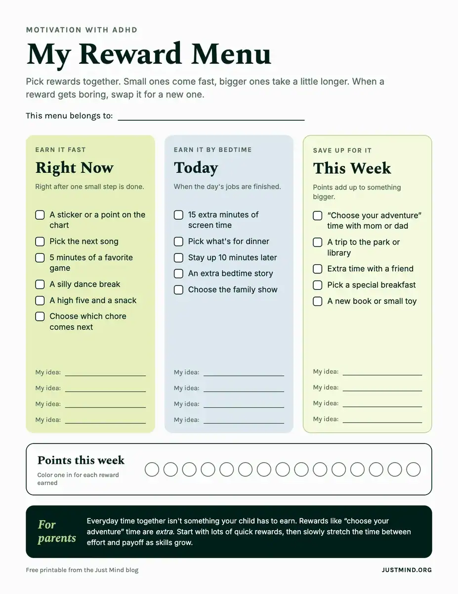 Motivation and Rewards for Kids with (and without) ADHD 2 Printable ADHD reward menu for kids with Right Now, Today, and This Week rewards and a weekly points tracker