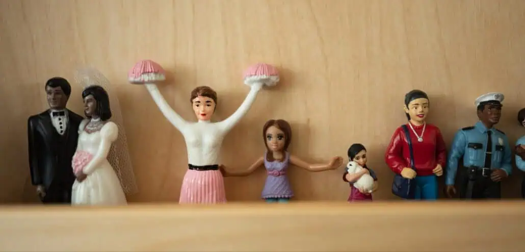 Play therapy figures on a shelf at Just Mind Counseling Westlake
